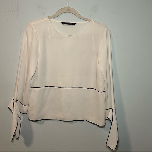 Zara Basic White & Black Stripe Tie Sleeve Tunic Blouse Size XS - Picture 1 of 10